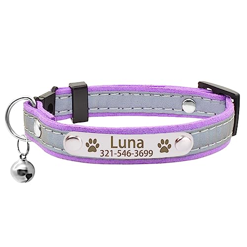 SARUEL Katzenhalsband Personalisiertes Namensschild Katzenhalsband Benutzerdefiniertes Graviertes Sicherheits-Abreißband,Violett,S (21cm-28cm) von SARUEL