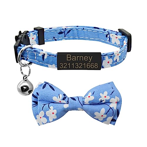 SARUEL Katzenhalsband Personalisiertes Typenschild Breakaway Bowknot Katzenhalsband Glocke Halskette Benutzerdefinierte Gravierte Namensschild Haustier Katzenhalsband,Schwarz-Blau-Blume,S (20cm-28cm) von SARUEL