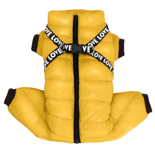 SARUEL Kleines Haustier Hundemantel Jacke Mit Geschirr Winter Warme Hundekleidung Für Bulldogge Chihuahua Outfits wasserdichte Hundebekleidung Jacken,Gelb,16 von SARUEL