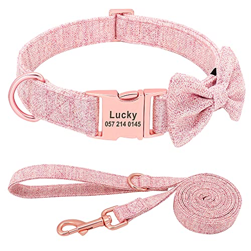 SARUEL Maßgeschneidertes Hundehalsband-Leinen-Set,Personalisierte Haustierhalsbänder Mit Fliege,Verstellbare Hundehalsbänder,Rosa,M von SARUEL