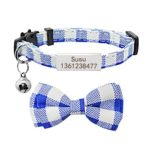 SARUEL Niedliches Bowknot-Katzenhalsband,Personalisiertes Namensschild,Verstellbare Fliege,Katzenhalsband,Glocke,Benutzerdefinierte Gravierte Namensschild,Katzenhalsband,Silber-Blau-Gitter,S (20 von SARUEL