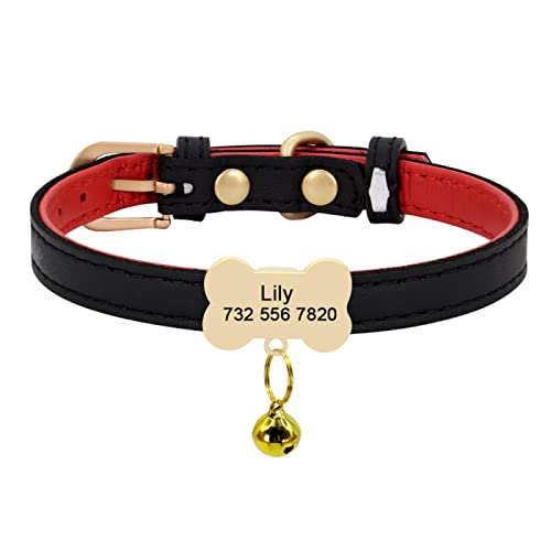 SARUEL Niedliches Hundehalsband Für Hunde Und Katzen,Personalisiertes Haustier-ID-Halsband,Anti-verlorenes Fischgräten-Tag,Namensschild,Gravur Mit Glocke,Geschenk Für Kleine Hunde,Schwarzer Knoch von SARUEL