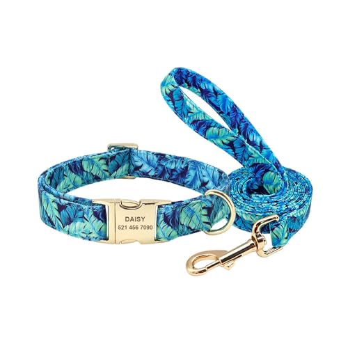 SARUEL Nylon Bedrucktes Hundehalsband-Leine-Set,Personalisiertes Haustier-Hundehalsband,Halskette,ID-Tag,Namensschild Für Kleine,Mittelgroße Hunde,Blau,M von SARUEL