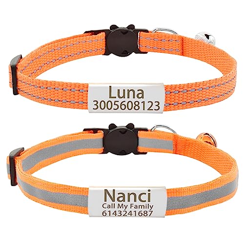 SARUEL Nylon-Katzenhalsband Personalisiertes Namensschild Katzenhalsband Glocke Benutzerdefiniertes Graviertes Namensschild Katzenhalsband,Silber-Orange,S (20cm-28cm) von SARUEL