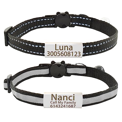 SARUEL Nylon-Katzenhalsband Personalisiertes Namensschild Katzenhalsband Glocke Benutzerdefiniertes Graviertes Namensschild Katzenhalsband,Silber Schwarz,S (20cm-28cm) von SARUEL