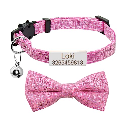 SARUEL Personalisierte Dot Fliege Katzenhalsband Name Custom Cute Bowknot Typenschild Katzenhalsband Glocke Halskette Gravur ID Namensschild Katzenhalsband,Silber-Rosa,S (20cm-28cm) von SARUEL