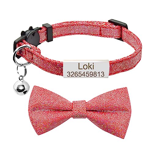 SARUEL Personalisierte Dot Fliege Katzenhalsband Name Custom Cute Bowknot Typenschild Katzenhalsband Glocke Halskette Gravur ID Namensschild Katzenhalsband,Silber-Rot,S (20cm-28cm) von SARUEL