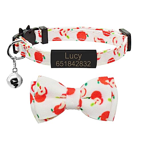 SARUEL Personalisierte Fliege Katzenhalsband Mit Namen Benutzerdefinierte ID Namensschild Süße Frucht Bowknot Katzenhalsband Glocke Gravur Namensschild Katzenhalskette,Schwarzer Apfel,S (20cm-28cm) von SARUEL