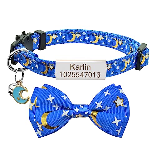 SARUEL Personalisierte Niedliche Bowknot Katzenhalsband Glocke Name Benutzerdefinierte Gravierte Typenschild Stern Mond Bowtie Katzenhalsband Halskette,Silber Blau,S (20cm-28cm) von SARUEL