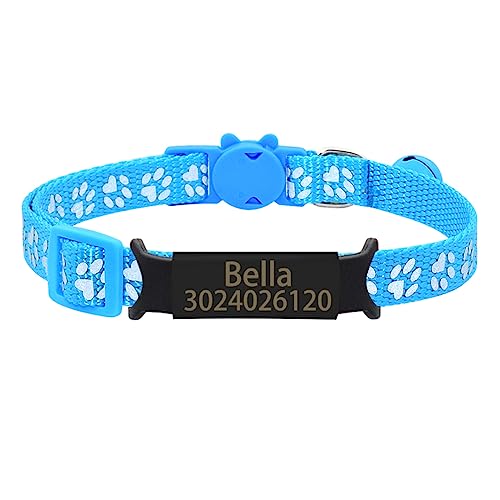 SARUEL Personalisierte Pfote Namensschild Katzenhalsband Bell Safety Breakaway Typenschild Katzenhalsband Benutzerdefinierte Verstellbare Nylon Kätzchenhalsband,Schwarz-Himmelblau,S (17cm-28cm) von SARUEL