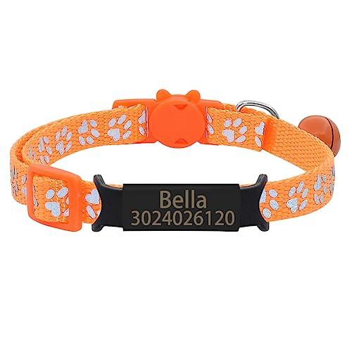 SARUEL Personalisierte Pfote Namensschild Katzenhalsband Bell Safety Breakaway Typenschild Katzenhalsband Benutzerdefinierte Verstellbare Nylon Kätzchenhalsband,Schwarz-Orange,S (17cm-28cm) von SARUEL