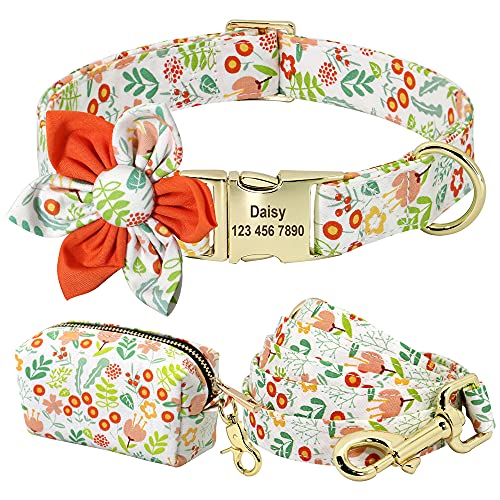 SARUEL Personalisiertes Hundehalsband,Leine,Kotbeutel-Set,Bedrucktes Nylon,Individuelle Hundehalsbänder Mit Blumenmuster Für Kleine,Mittelgroße Hunde,A,L von SARUEL