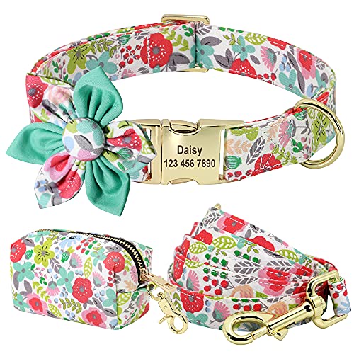 SARUEL Personalisiertes Hundehalsband,Leine,Kotbeutel-Set,Bedrucktes Nylon,Individuelle Hundehalsbänder Mit Blumenmuster Für Kleine,Mittelgroße Hunde,B,L von SARUEL