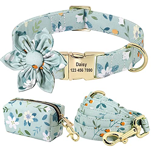 SARUEL Personalisiertes Hundehalsband,Leine,Kotbeutel-Set,Bedrucktes Nylon,Individuelle Hundehalsbänder Mit Blumenmuster Für Kleine,Mittelgroße Hunde,C,L von SARUEL