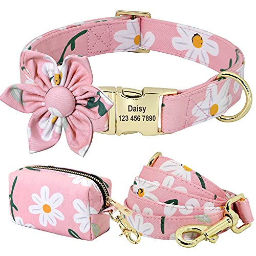 SARUEL Personalisiertes Hundehalsband,Leine,Kotbeutel-Set,Bedrucktes Nylon,Individuelle Hundehalsbänder Mit Blumenmuster Für Kleine,Mittelgroße Hunde,D,M von SARUEL