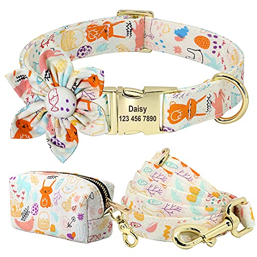 SARUEL Personalisiertes Hundehalsband,Leine,Kotbeutel-Set,Bedrucktes Nylon,Individuelle Hundehalsbänder Mit Blumenmuster Für Kleine,Mittelgroße Hunde,E,L von SARUEL