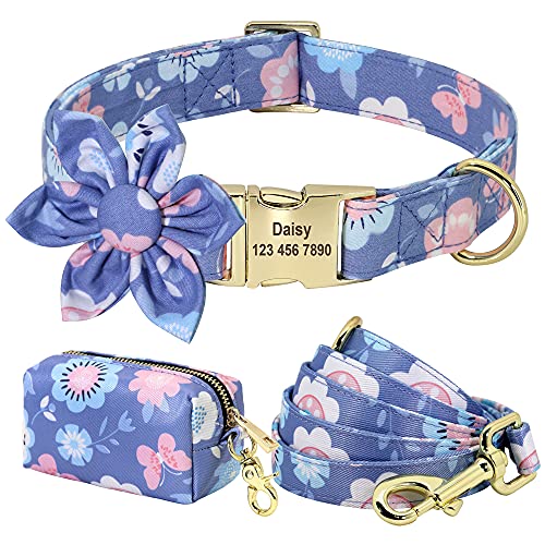 SARUEL Personalisiertes Hundehalsband,Leine,Kotbeutel-Set,Bedrucktes Nylon,Individuelle Hundehalsbänder Mit Blumenmuster Für Kleine,Mittelgroße Hunde,F,L von SARUEL