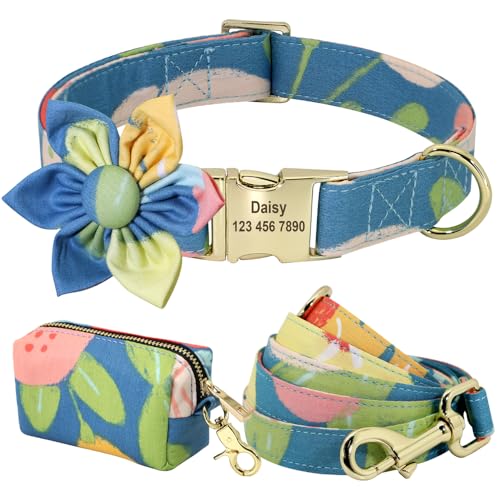 SARUEL Personalisiertes Hundehalsband,Leine,Kotbeutel-Set,Bedrucktes Nylon,Individuelle Hundehalsbänder Mit Blumenmuster Für Kleine,Mittelgroße Hunde,G,L von SARUEL