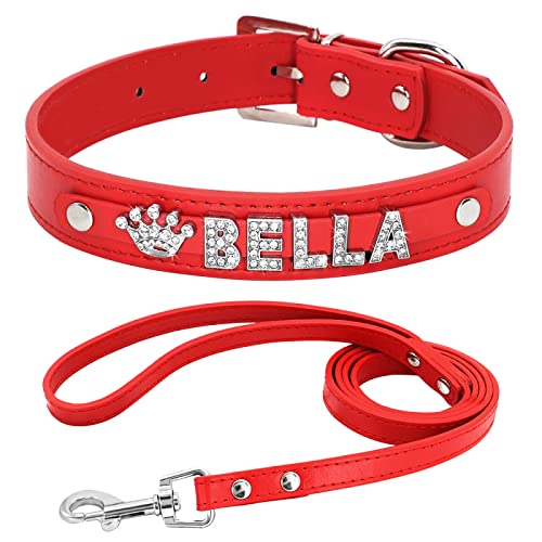 SARUEL Personalisiertes Hundehalsband,Leine,Set,Welpe,Kätzchen,Strasshalsbänder,Halskette,Buchstabe,Charme Für Kleine,Große Hunde,Katzen,Chihuahua,Rot,27-33cm von SARUEL