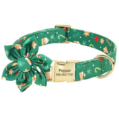 SARUEL Personalisiertes Hundehalsband,Weihnachtshunde-ID-Halsbänder,Blumen-Haustier-Weihnachtshalskette,Verstellbar Für Kleine Große Hunde,L 41–64 cm,Grün von SARUEL