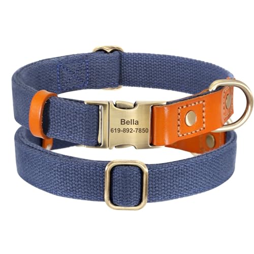 SARUEL Personalisiertes Hundehalsband Aus Nylon,PU-Leder,Hundeschnallenhalsbänder,Anti-Lost-ID-Tag,Namensschild,Verstellbar Für Kleine,Mittelgroße Und Große Hunde,Dunkelblau,37-55cm von SARUEL