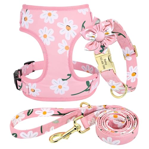 SARUEL Personalisiertes Hundehalsband-Geschirr Und Leine-Set,Verstellbar,Individuelles Namensschild-Zubehör,Haustier-Welpenhalsband,Geschirr,Perro Mops,Rosa,L von SARUEL