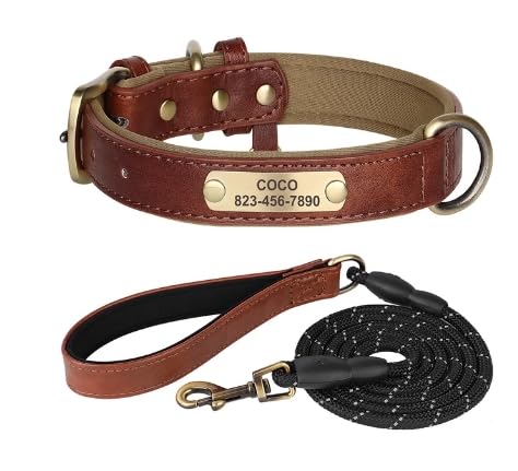 SARUEL Personalisiertes Hundehalsband-Leinen-Set,Leder-ID-Hundehalsbänder,Weiches,Verstellbares Halsband Für Kleine,Mittelgroße Und Große Hunde,braun,L von SARUEL