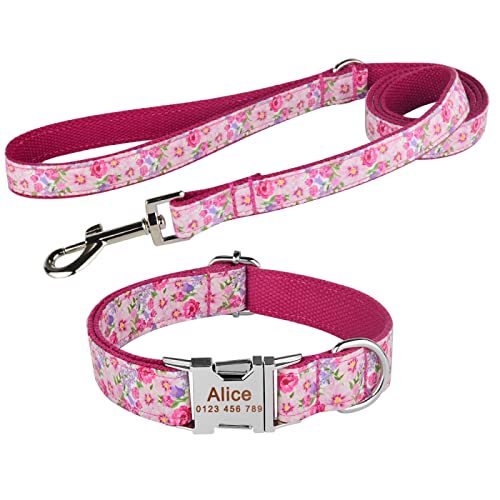 SARUEL Personalisiertes Hundehalsband Mit Eingraviertem ID-Namen Reflektierendes Nylon XS-L Personalisiertes Hundehalsband-Leine-Set ID-Name Telefonnummer-Tag,Rosa,Hundehalsband M von SARUEL