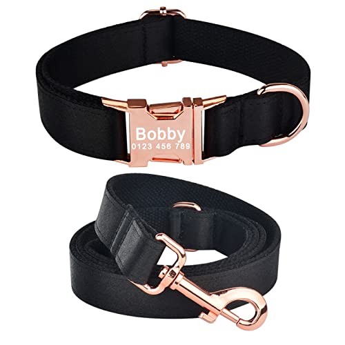 SARUEL Personalisiertes Hundehalsband Mit Eingraviertem ID-Namen Reflektierendes Nylon XS-L Personalisiertes Hundehalsband-Leine-Set ID-Name Telefonnummer-Tag,Schwarz,Leinenhalsband-Set M von SARUEL