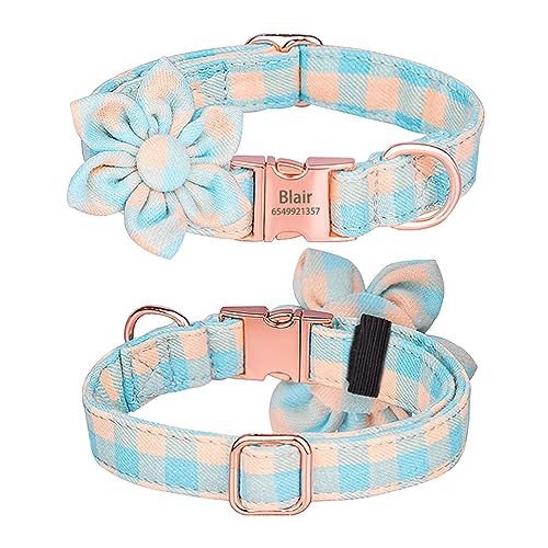 SARUEL Personalisiertes Hundehalsband Mit Kariertem Druck,Individuell Gravierter Name,Legierung,Schnalle,Blume,Haustier-Hundehalsband Für Kleine Und Große Hunde,Orangeblau,S (26 cm - 42 cm) von SARUEL