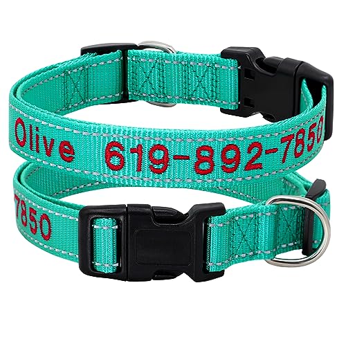 SARUEL Personalisiertes Hundehalsband Name Reflektierendes Nylon Hundehalsband Halskette Anti-verloren Für Kleine Große Hunde Mops Einstellbar,Grün 2,37-60cm von SARUEL