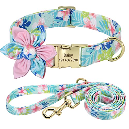 SARUEL Personalisiertes Hundehalsband-Set,Bedrucktes Nylon-Haustierhalsband,Graviertes Haustier-Blumenhalsband,Gehleine Für Kleine,Mittelgroße Und Große Hunde,Blau,XS von SARUEL