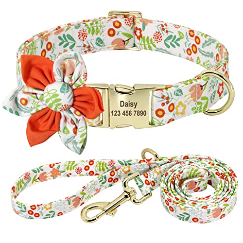 SARUEL Personalisiertes Hundehalsband-Set,Bedrucktes Nylon-Haustierhalsband,Graviertes Haustier-Blumenhalsband,Gehleine Für Kleine,Mittelgroße Und Große Hunde,Orange,XS von SARUEL