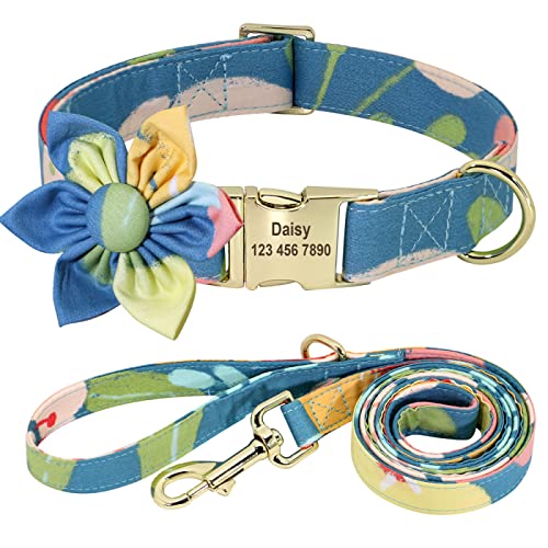 SARUEL Personalisiertes Hundehalsband-Set,Bedrucktes Nylon-Haustierhalsband,Graviertes Haustier-Blumenhalsband,Gehleine Für Kleine,Mittelgroße Und Große Hunde,Tiefes Blau,XS von SARUEL