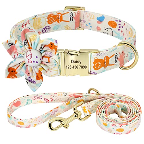 SARUEL Personalisiertes Hundehalsband-Set,Bedrucktes Nylon-Haustierhalsband,Graviertes Haustier-Blumenhalsband,Gehleine Für Kleine,Mittelgroße Und Große Hunde,Weiss,L von SARUEL