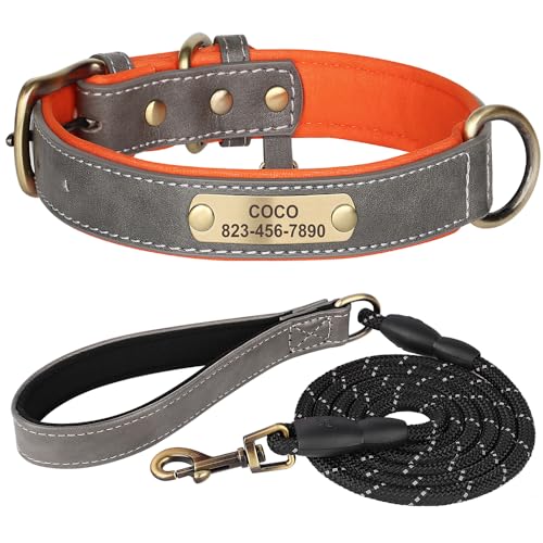 SARUEL Personalisiertes Hundehalsband-Set,Individuelles Hundehalsband Aus PU-Leder,Namensschild Für Kleine,Mittelgroße Und Große Hunde,Pitbull,grau,L von SARUEL