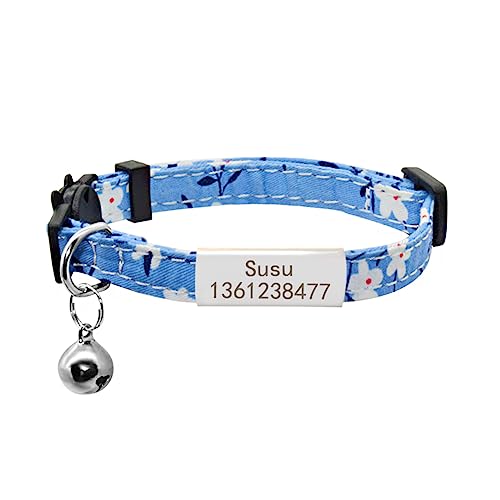 SARUEL Personalisiertes Katzenhalsband Mit ID-Namensschild,Individuell Graviertes Typenschild,Katzenhalsband,Glockenhalskette,Katzenhalsband Für Kätzchen,Silber-Blau-Blume,S (20cm-28cm) von SARUEL