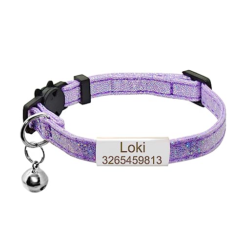 SARUEL Personalisiertes Namensschild Katzenhalsband Custom Safety Breakaway Cute Dot Katzenhalsband Glocke Halskette Gravur ID Namensschild Katzenhalsband,Silber-Lila,S (20cm-28cm) von SARUEL