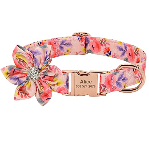 SARUEL Personalisiertes Nylon-Hundehalsband Anti-verlorene Hundehalsband-Halskette Mit Blumenzubehör,Gravierter ID-Schnalle,Rosa,S von SARUEL
