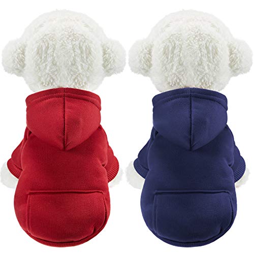 2 Stücke Winter Hund Hoodie Warm Kleine Hunde Sweatshirts mit Tasche Baumwolle Mantel für Hunde Kleidung Welpen Kostüm (dunkelblau, weinrot, S) von SATINIOR