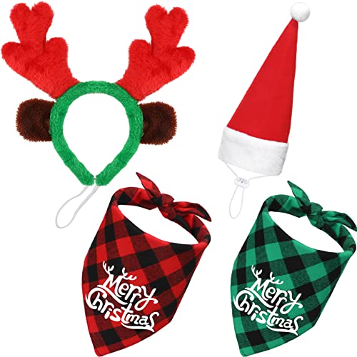 4 Stück Verstellbare 3D Weihnachten Hund Weihnachtsmütze, Weihnachten Klassisch Büffel Plaid Haustiere Schal Dreieck, Weihnachten Rentier Geweih Stirnband mit Ohren Haustier Kostüm Zubehör von SATINIOR
