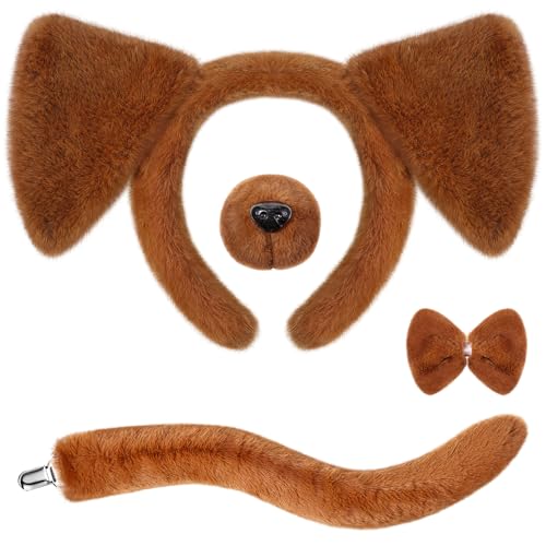 SATINIOR Kostüm Set Tierkostüm Set Ohr Stirnband Künstliche Nase Fliege und Schwanz Kinder Erwachsene Kostümzubehör für Karneval Halloween Cosplay(Dunkelbraun,Neuheit Hund) von SATINIOR