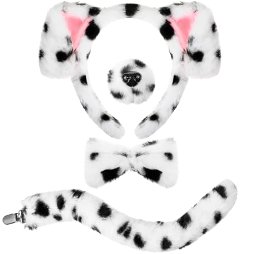SATINIOR Welpen Kostüm Set Tierkostüm Set Hundekostüm Set Hundeohr Stirnband inklusive Puppy Haarreif mit Ohren Bowtie Schwanz Falsche Nase für Erwachsene Maskeraden Karneval (Weiß, Dalmatiner) von SATINIOR