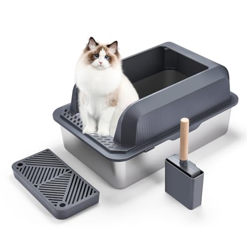 Geschlossene Katzentoilette aus Edelstahl mit Deckel, XL Extra große Katzentoilette für große Katzen, Metall-Katzentoilette hochseitig, nimmt nie Gerüche auf, Anti-Urinleckage, einfache Reinigung, von SATINO