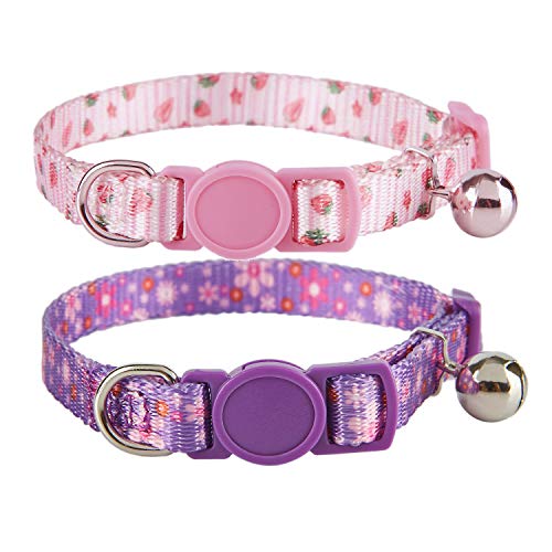 YUDOTE Katzenhalsbänder 2er-Pack, bunt Bedruckt Basic Starke Mädchen Katzenhalsband Schnellverschluss mit Abnehmbarer Glocke, rosa lila von YUDOTE