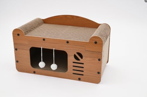 Katzenhaus mit Spielbällen Katzenbett mit Katzenkratzbrett für die Unterbringung von Katzen Kätzchen Hunden Braun 56 * 30 * 32CM von SAUADY