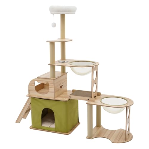 Stabiles Katzen-Klettergerüst Katzenklettergerüst mit Acrylkapsel für Zoohandlungen Wohnzimmer Schlafzimmer Balkone und mehr Holzfarbe Grün von SAUADY