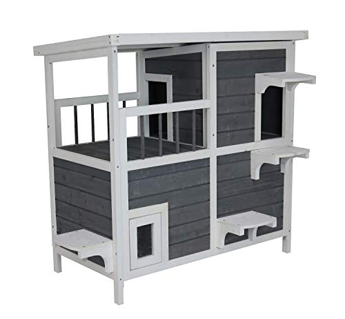 SunnyDeals großes Katzenhaus grau-weiß | Katzenhütte über 2 Etagen | Katzen Holzhaus 87 x 45 x 90,5 cm |große Katzenhöhle von SUNNYDEALS