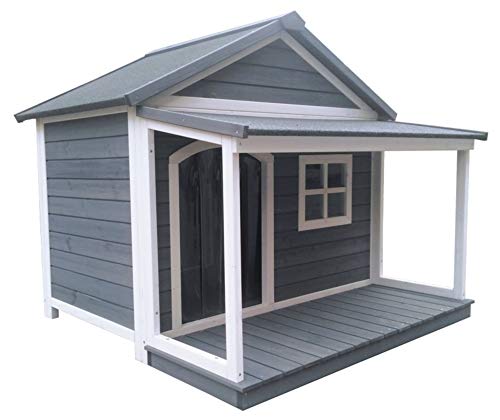 SunnyDogs Hundehütte aus Massivholz | wetterfeste Hundehütten mit Satteldach | isoliertes Hundehaus | Outdoor Hütte mit Vordach, Terrasse & Fenster | B 130 x T 118 x H 108 cm von SUNNYDOGS