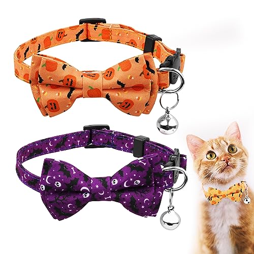 2stk Halloween Katzenhalsband, Verstellbar Katzenhalsband mit Schleife Bedruckter Kürbis Fledermäuse Muster Katzenhalsband Breakaway mit Silberner Glocke Süßes Halsband für Kätzchen Welpen 2stk Halloween Katzenhalsband, Verstellbar Katzenhalsband mit Schleife Bedruckter Kürbis Fledermäuse Muster Katzenhalsband Breakaway mit Silberner Glocke Süßes Halsband für Kätzchen Welpen von SAVITA